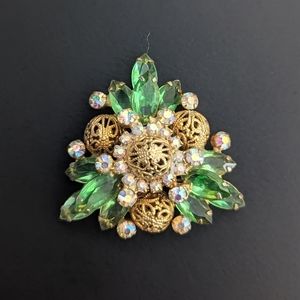 Vintage Green & Iridescent Rhinestone Brooch Pin